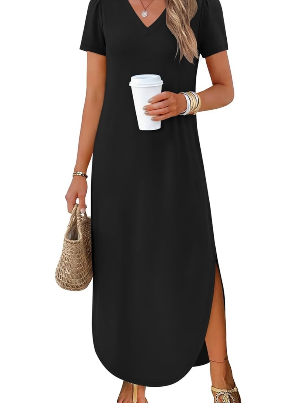 Classic Black V-Neck Short Sleeve Maxi Dress with Side Slit